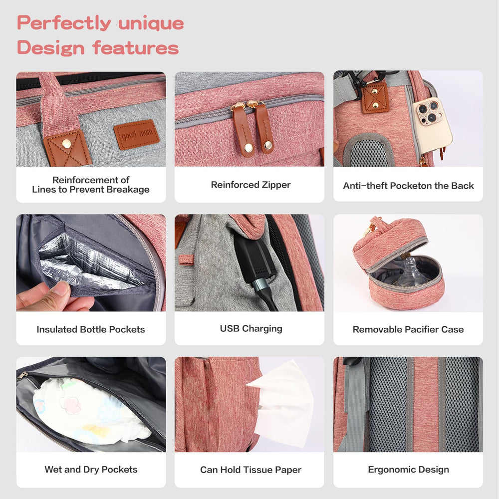 JOYCE diaper bag backpack USB charging port enables convenient device power on the go