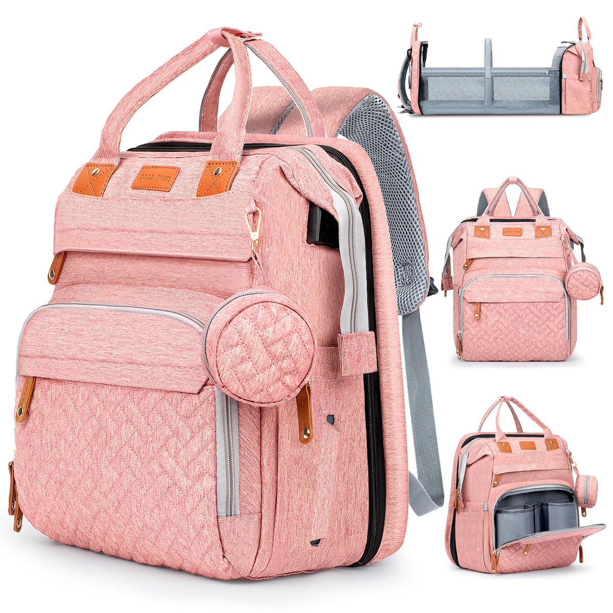 JOYCE diaper bag changing-table with built-in surface enables quick on-the-go diaper changes.