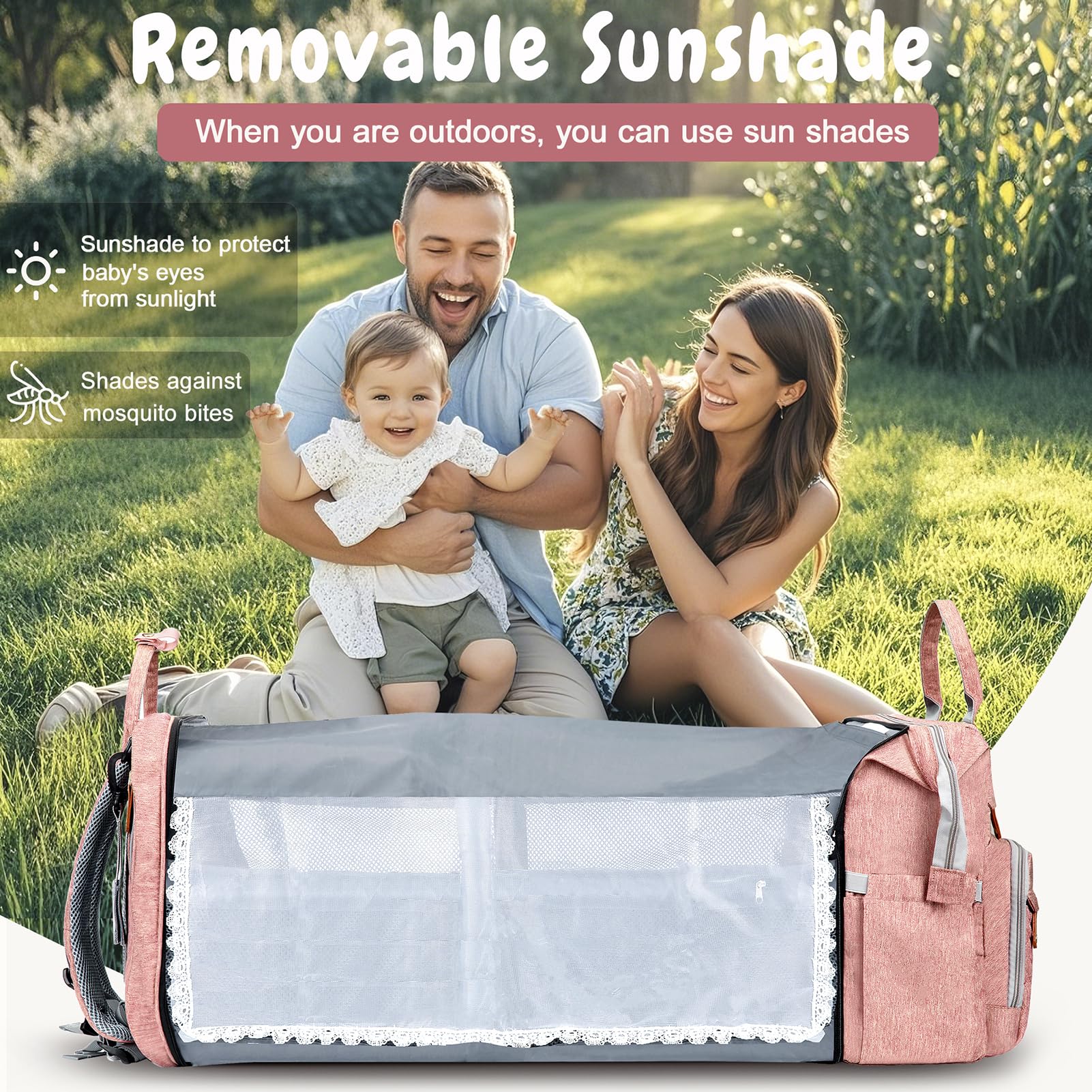 JOYCE diaper bag detachable-changing-table converts to spacious storage space.