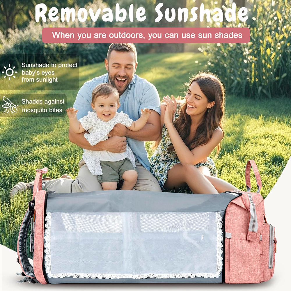 JOYCE diaper bag detachable-changing-table converts to spacious storage space.