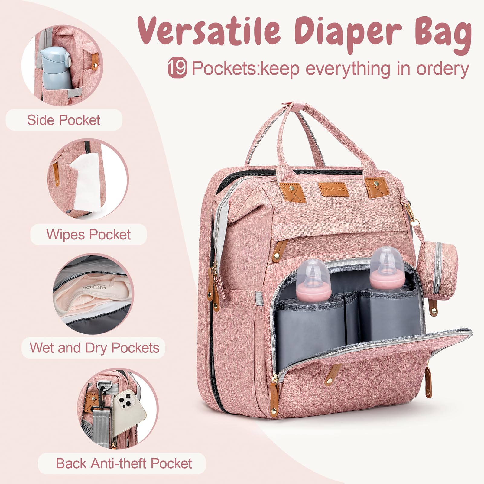 JOYCE diaper bag insulated bottle pocket keeps feeds ready on the move.