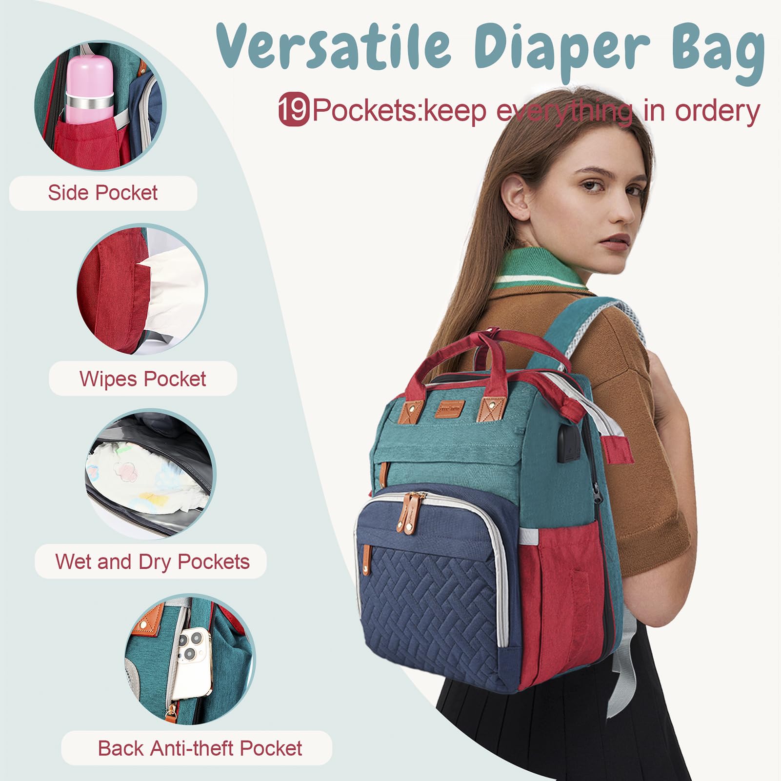 JOYCE diaper bag insulated bottle pocket keeps feeds at target temp.