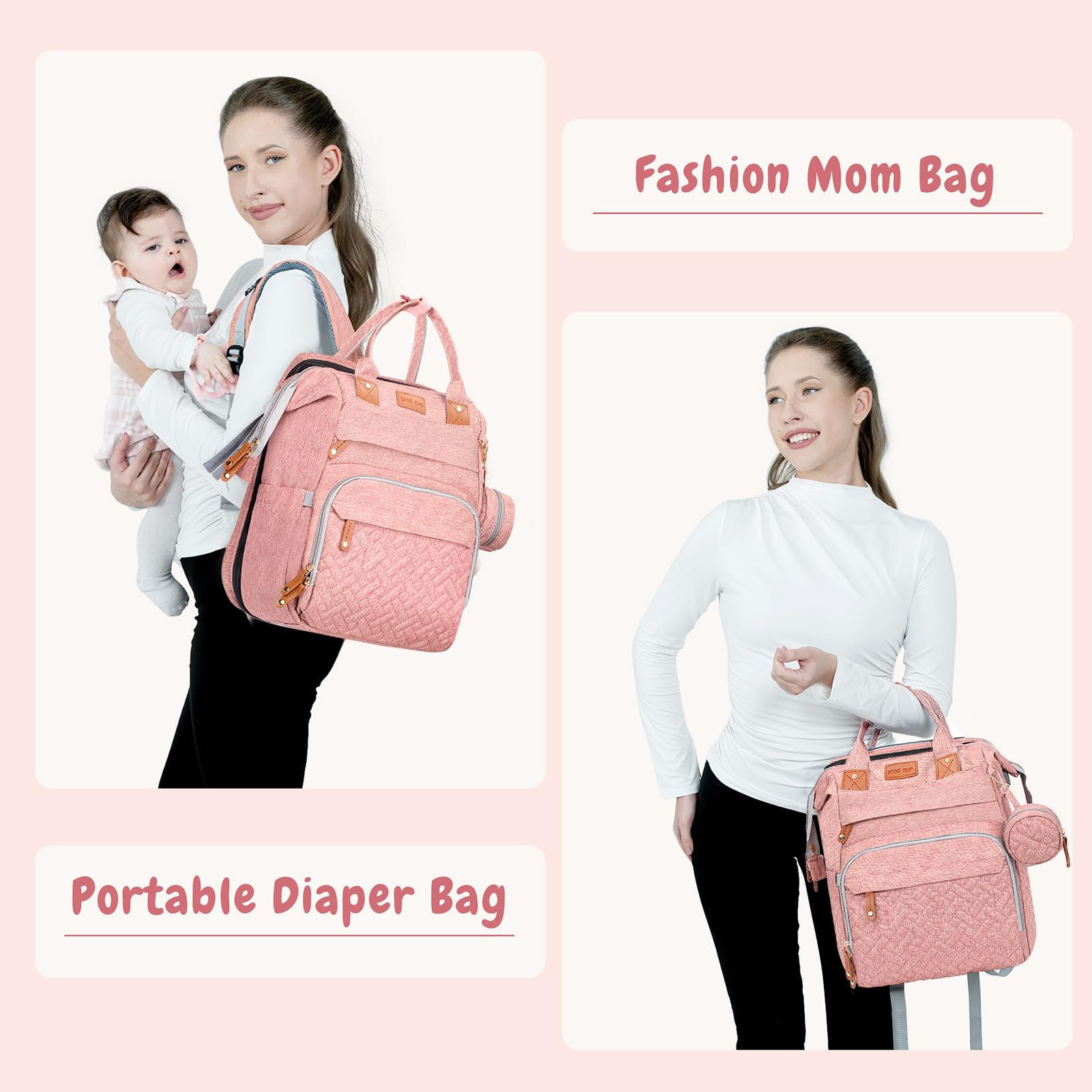 JOYCE diaper bag USB charging port powers devices while traveling.
