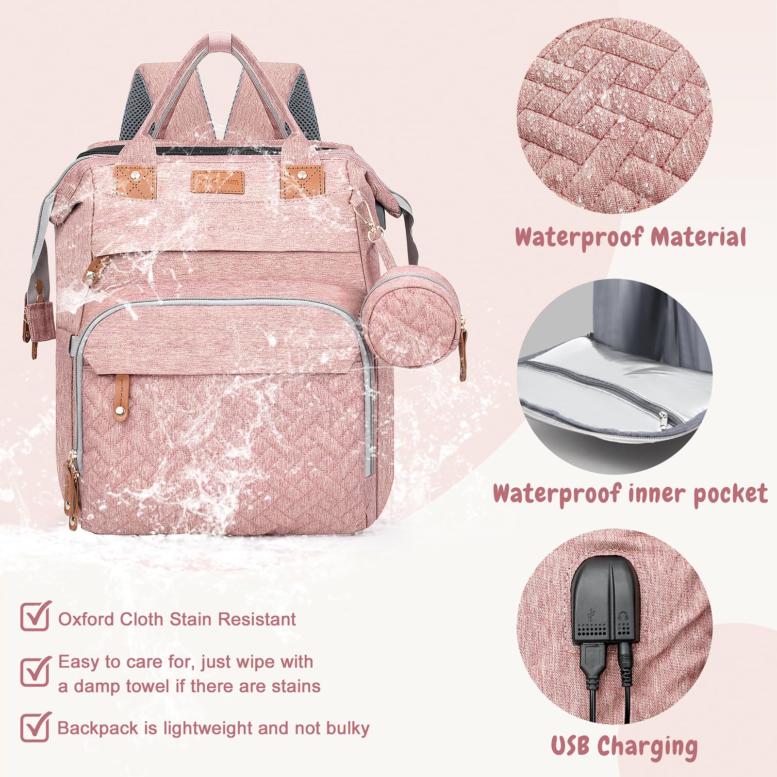 JOYCE diaper bag wet-dry pocket keeps soiled items separate and contained.