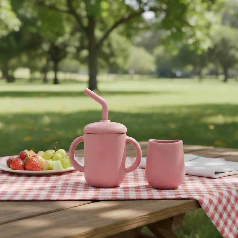 JoyerBaby gift-ready silicone training cups rose set for baby's milestones in feeding.