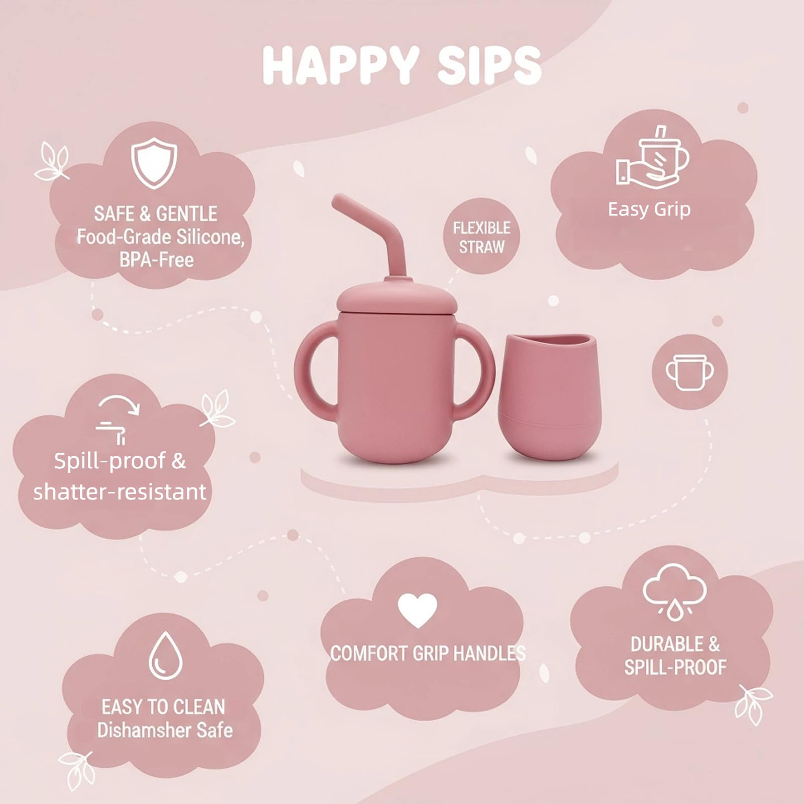 JoyerBaby rose-colored cups are dishwasher-safe, boil-safe, and freezer-safe for easy cleanup.