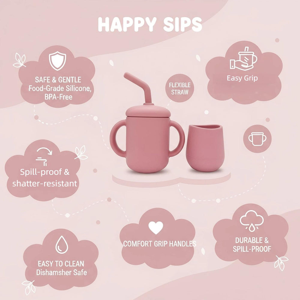 JoyerBaby rose-colored cups are dishwasher-safe, boil-safe, and freezer-safe for easy cleanup.