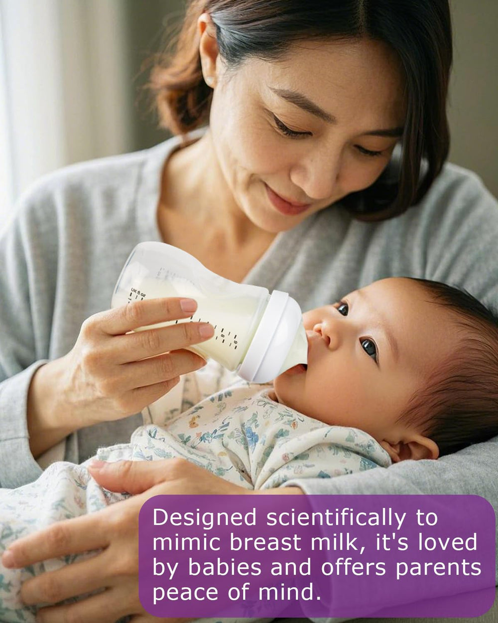 Joyfeed anti-colic vent nipple helps reduce air intake for calmer feeding sessions.