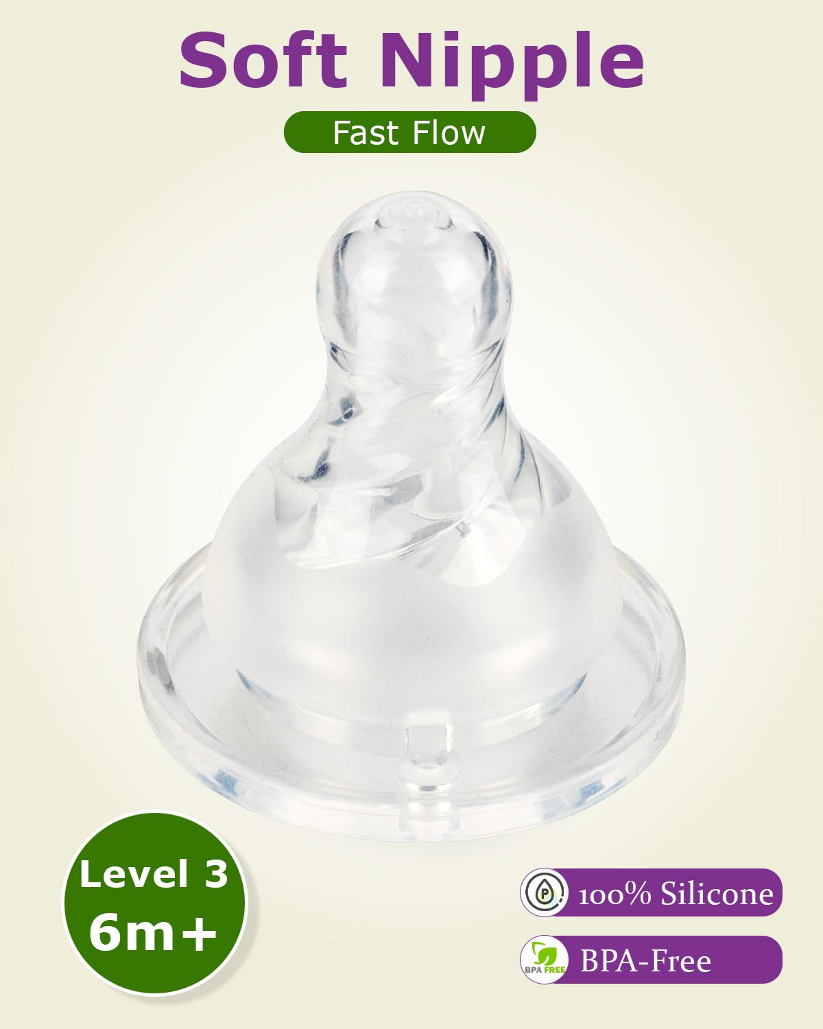 Joyfeed silicone nipple Level 3 fast-flow front view showing steady flow
