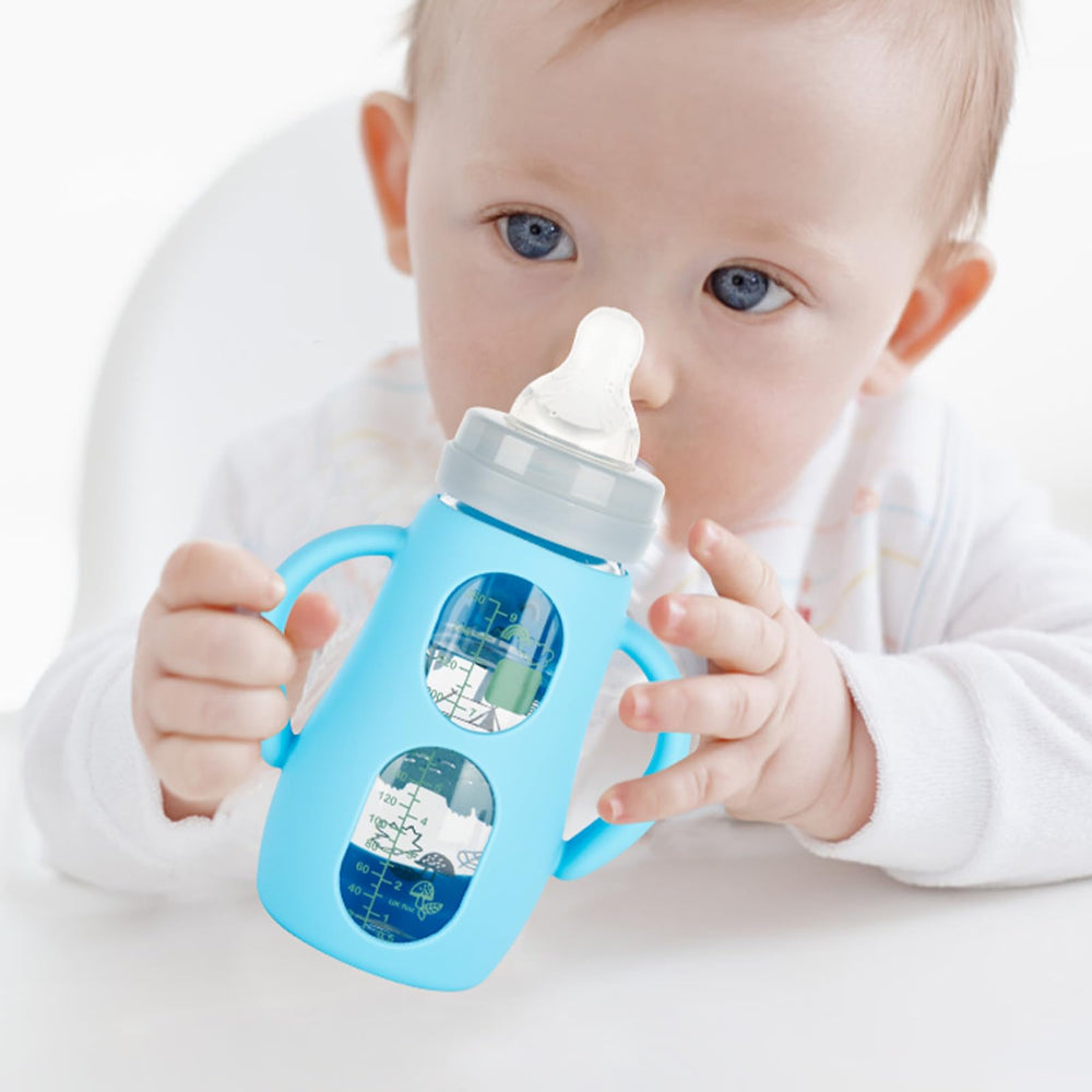 Joyfeed silicone sleeves simplify cleaning and maintenance for Mam glass bottles.
