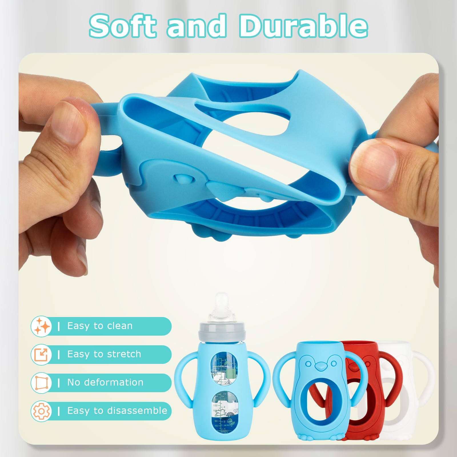 Joyfeed dishwasher-safe silicone sleeve cleans quickly for everyday Mam glass bottle care.