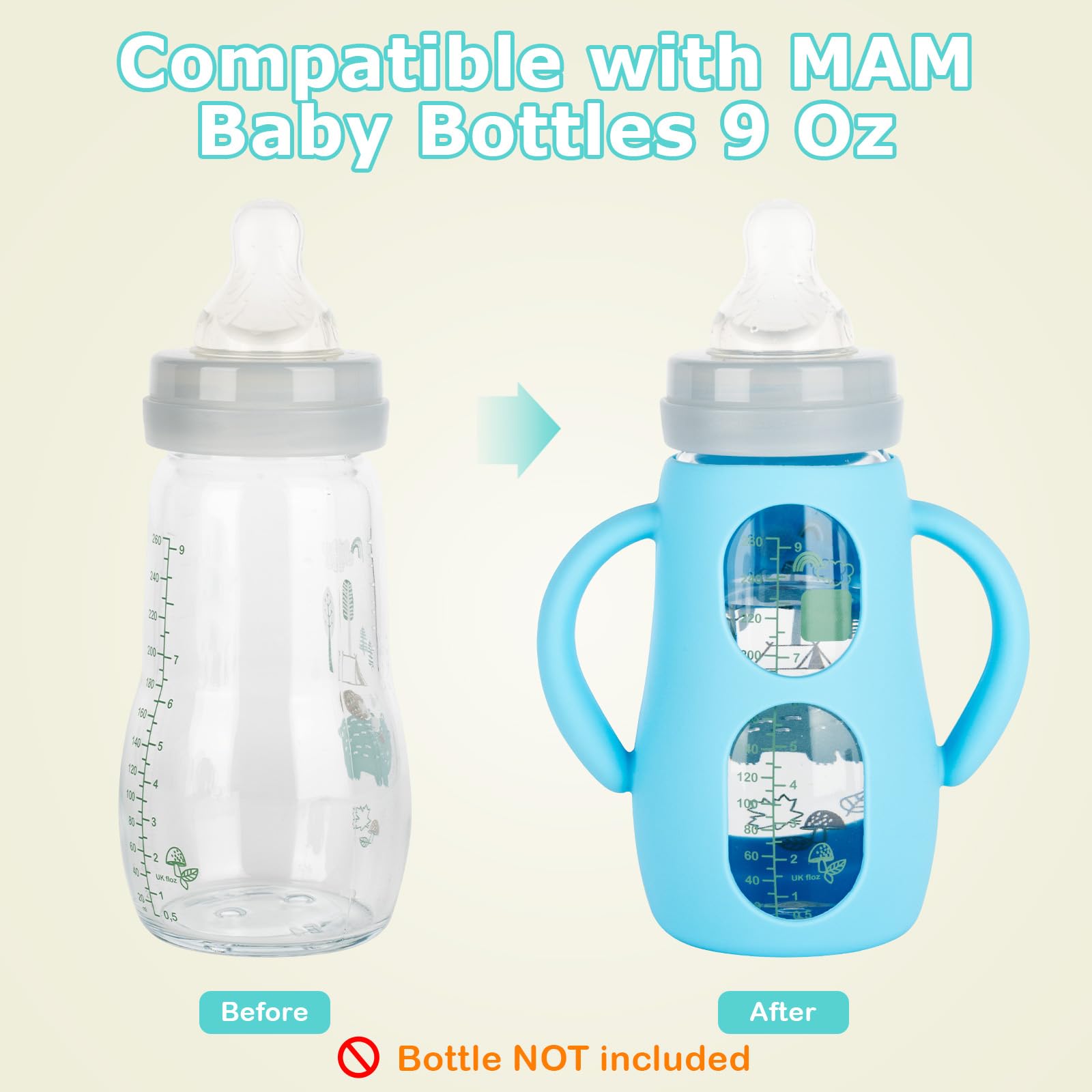 Joyfeed food-grade silicone sleeve for Mam glass bottles is odorless and easy to clean.
