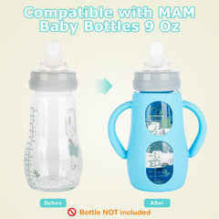 Joyfeed food-grade silicone sleeve for Mam glass bottles is odorless and easy to clean.