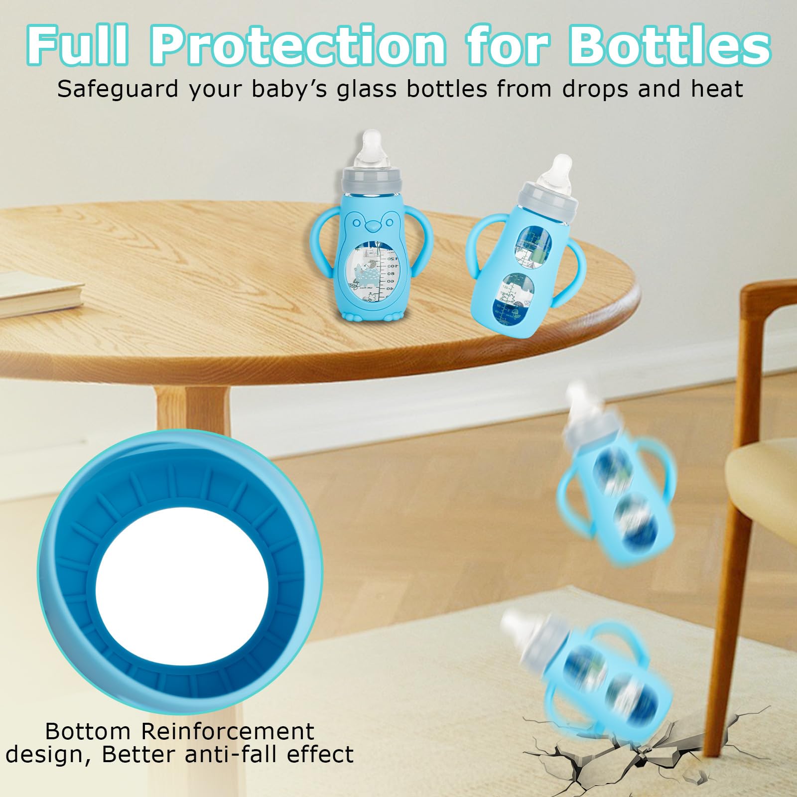 Joyfeed silicone sleeves with handles provide a secure grip for Mam glass bottle pouring.