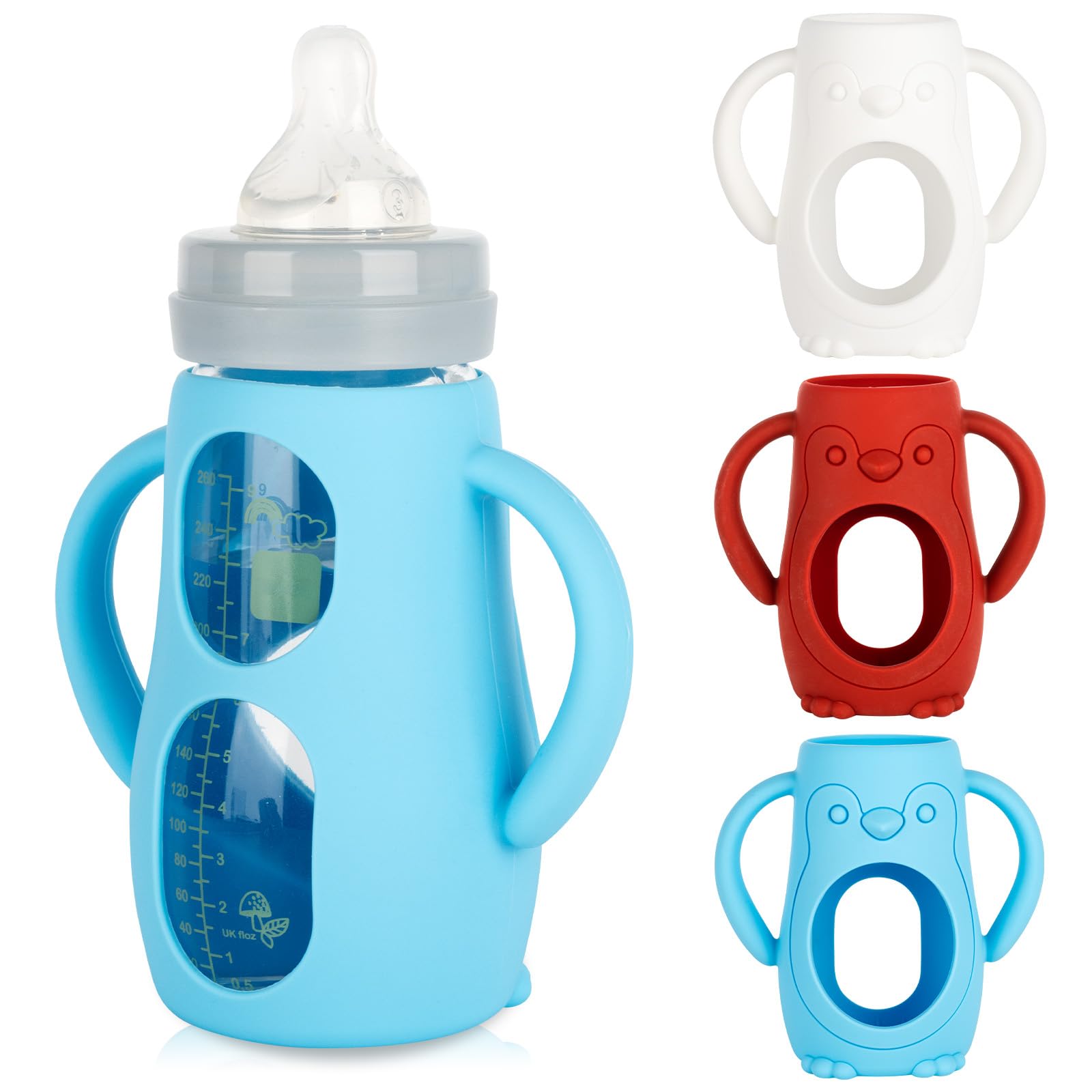 Joyfeed silicone sleeves for Mam 9oz glass bottles ensure snug fit and slip-free handling.