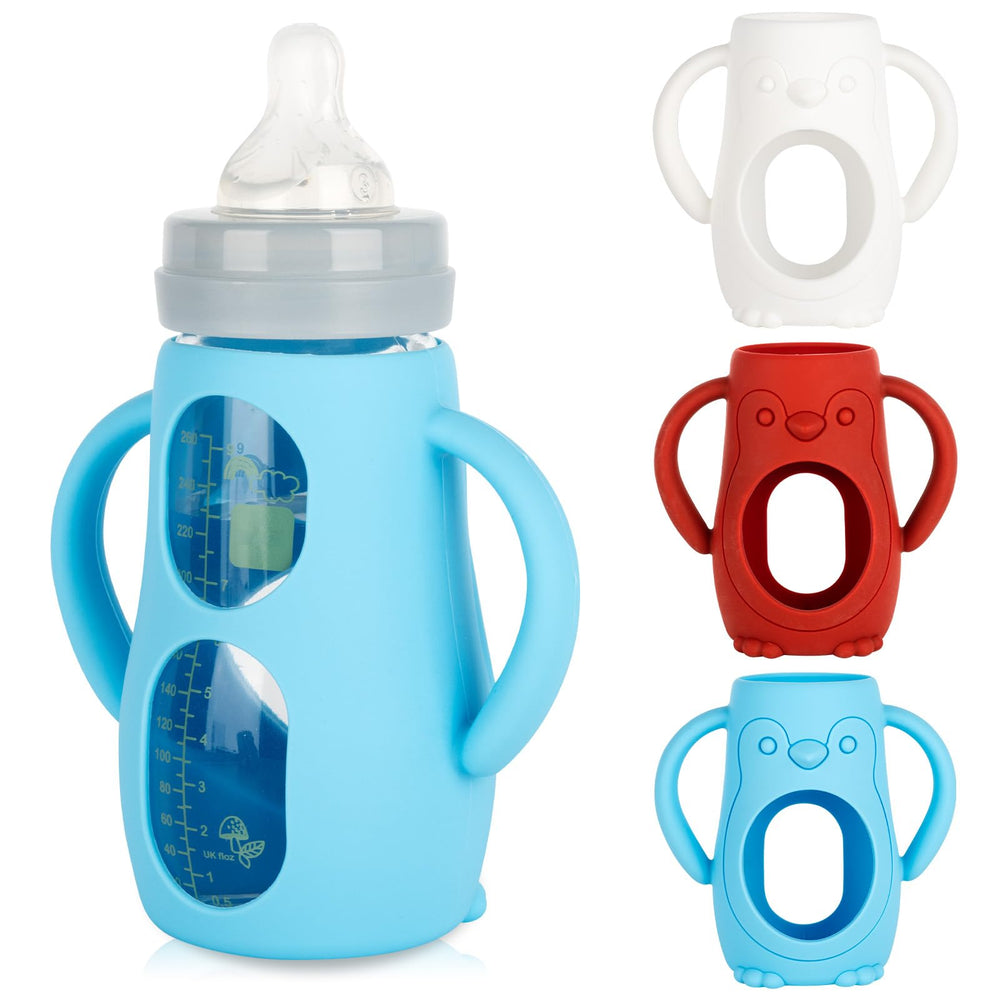 Joyfeed silicone sleeves for Mam 9oz glass bottles ensure snug fit and slip-free handling.
