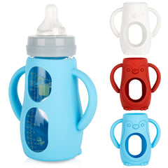 Joyfeed silicone sleeves for Mam 9oz glass bottles ensure snug fit and slip-free handling.