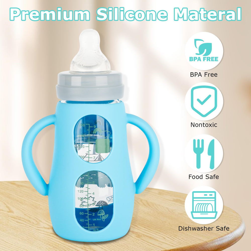 Joyfeed sleeve shows visible volume markings through cutouts for accurate monitoring of Mam bottles.
