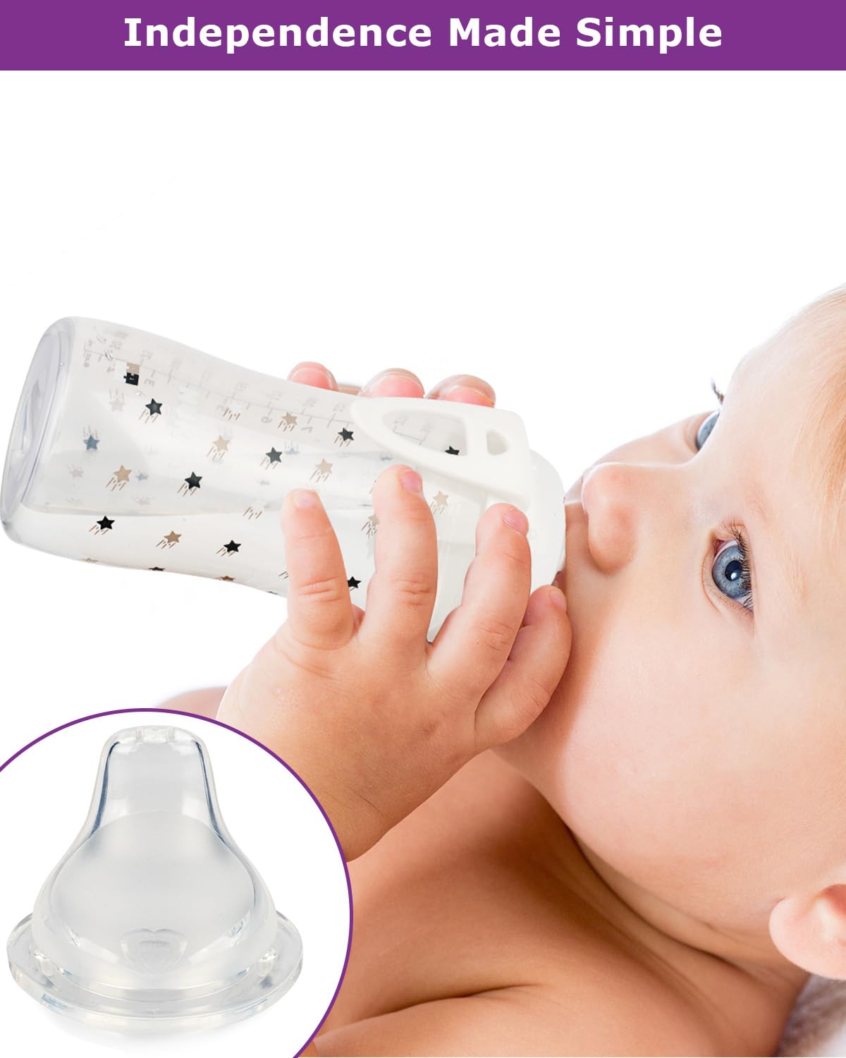Joyfeed adjustable-flow nipple conveys customizable sipping pace for baby comfort.