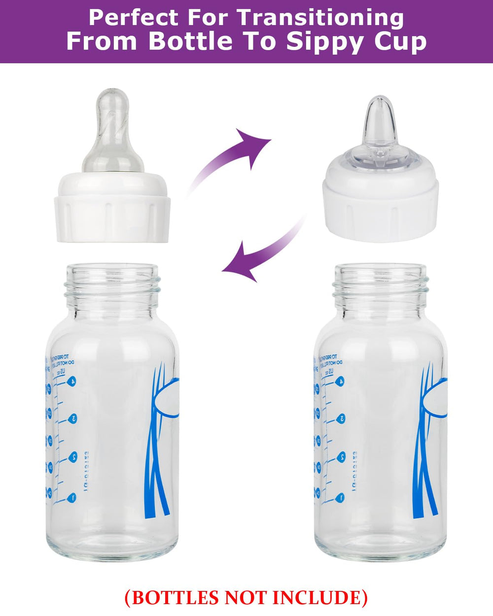 joyfeed sippy nipples shown with glass bottle for versatile feeding options.