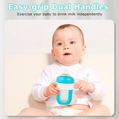 joyfeed soft-grip bottle handles promote confident self-feeding with tiny hands.