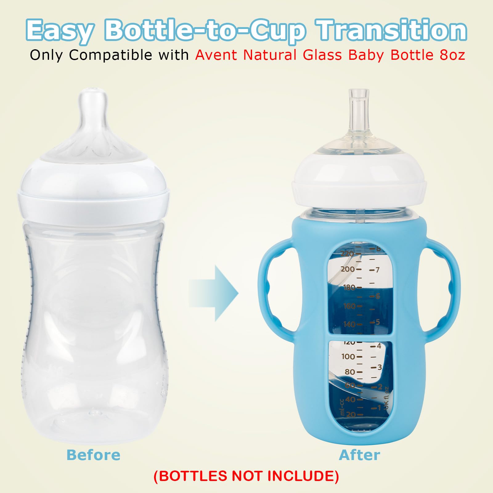 Joyfeed silicone sleeve protects glass Avent bottle while offering anti drop reliability.
