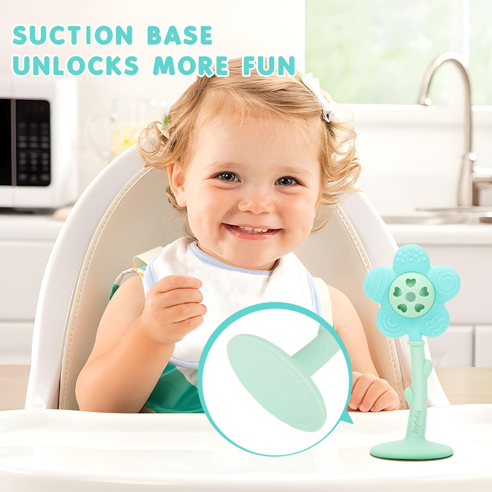 Joyfulia Sunnyflower teether ergonomic grip aids little hands during teething sessions.