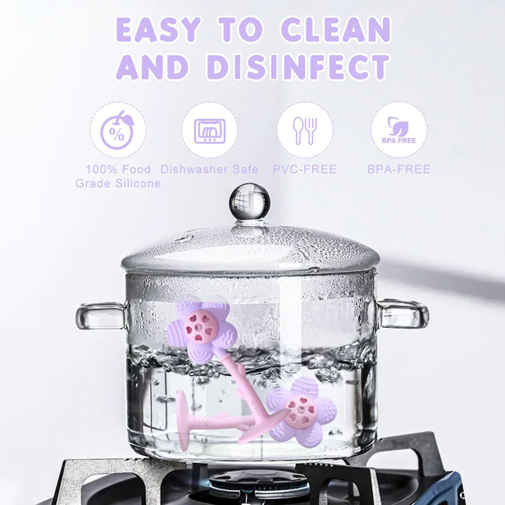 Joyfulia Sunnyflower teether is dishwasher-safe for quick, hygienic cleaning.