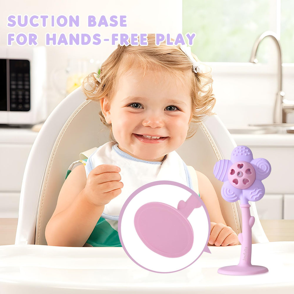 Joyfulia Sunnyflower teether ergonomic grip helps tiny hands hold securely.