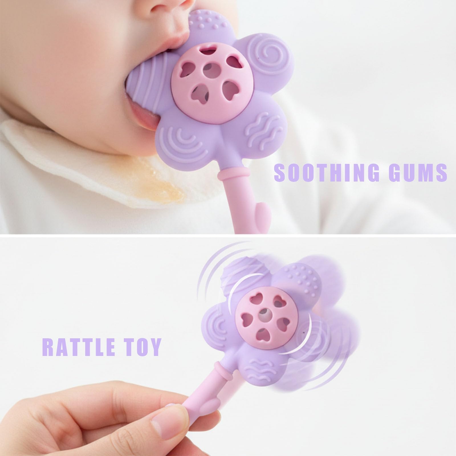 Joyfulia Sunnyflower teether with suction base attached to a table for stability.
