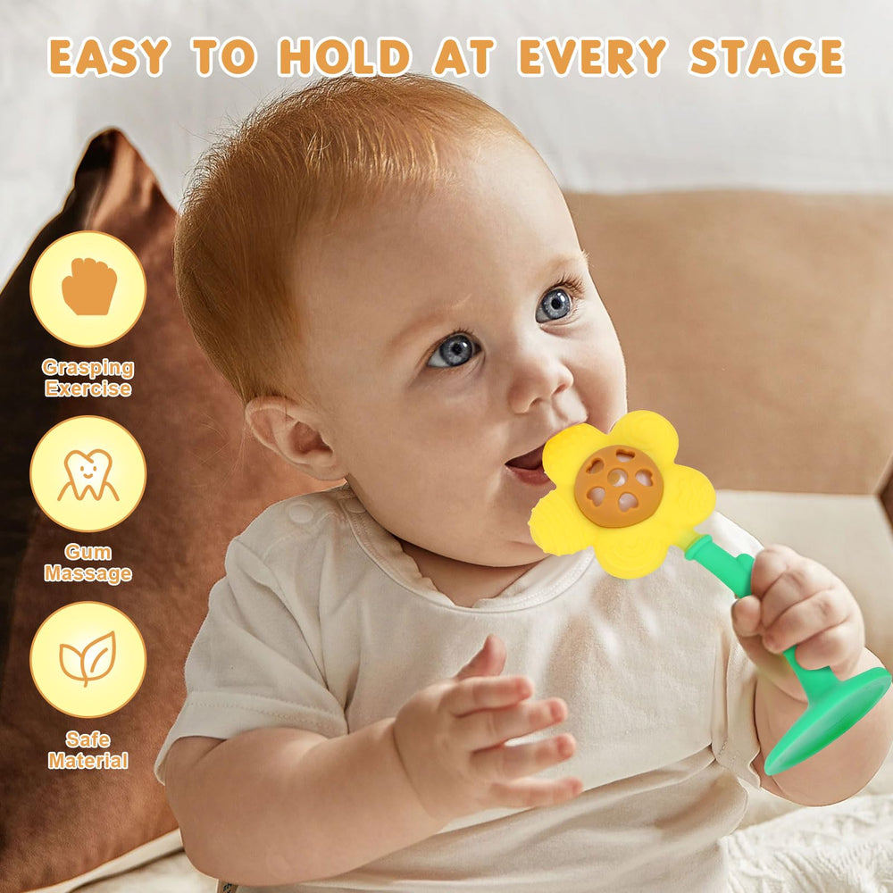 Joyfulia Sunnyflower teether suction base stabilizes on flat surfaces