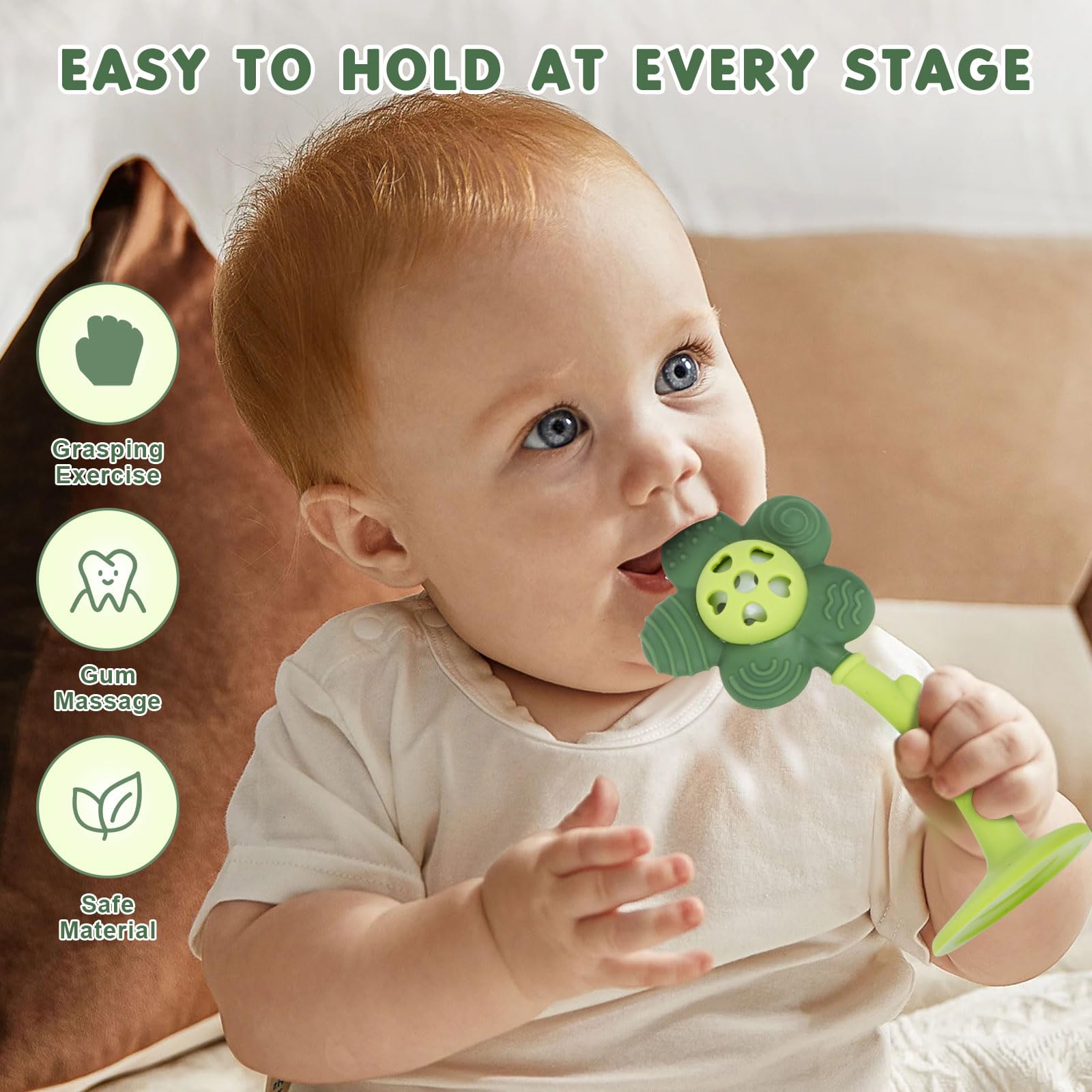 Joyfulia Sunnyflower teether features ergonomic grips for tiny hands.
