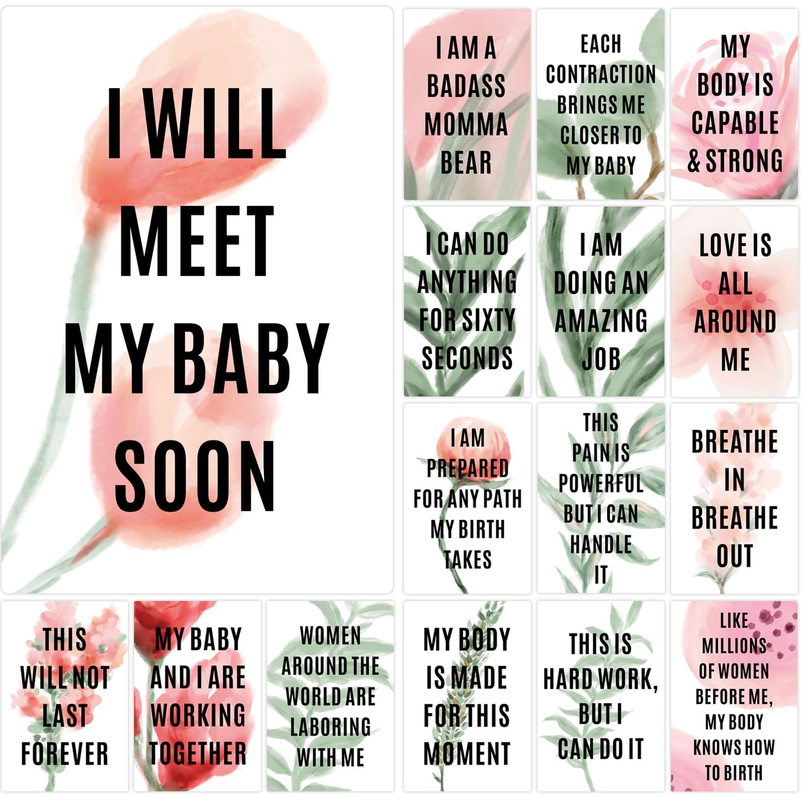Joyfulmap 16 birth affirmation cards pack laid out for daily positive birth preparation.