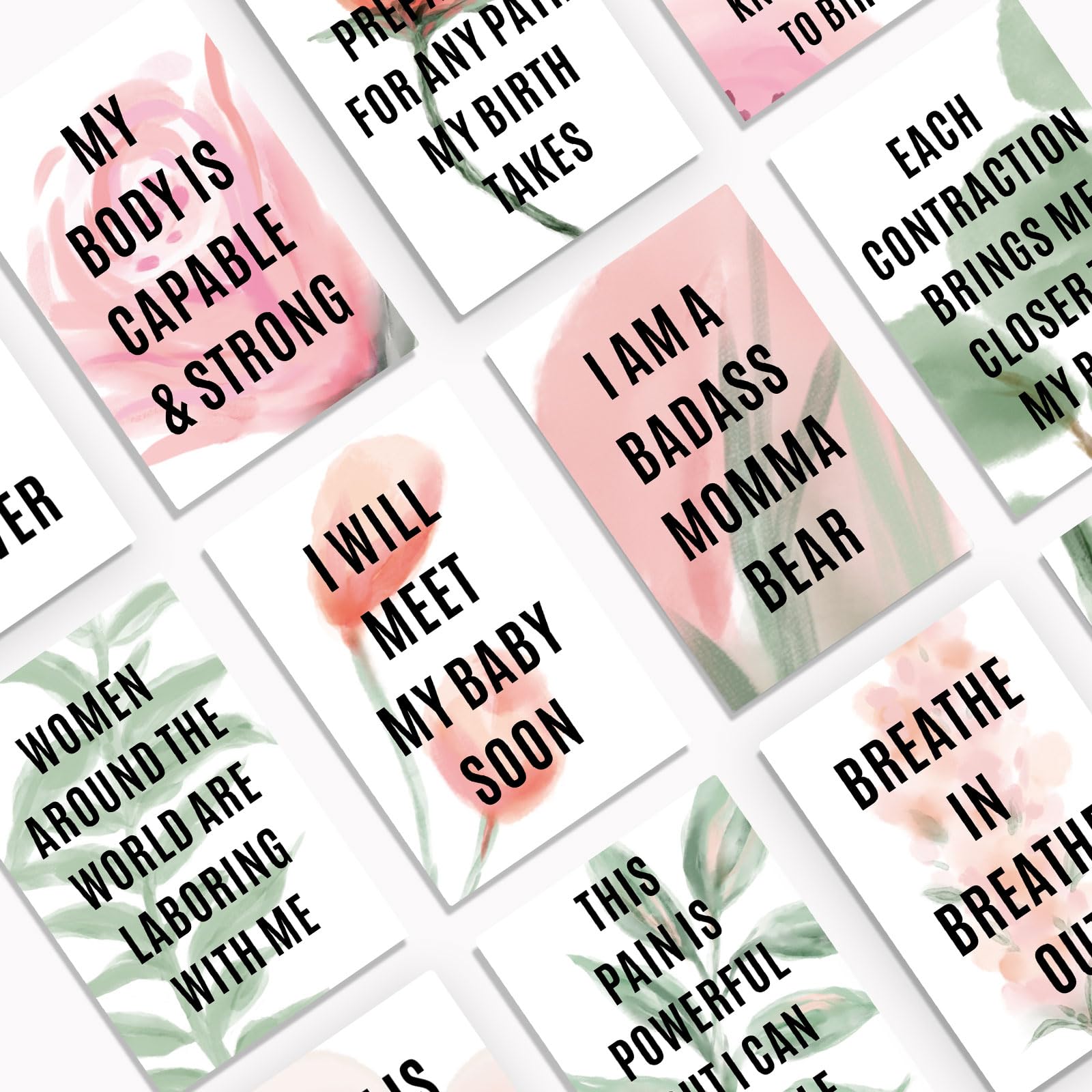 Joyfulmap greenery watercolor cards feature nature-inspired prompts for confident labor.