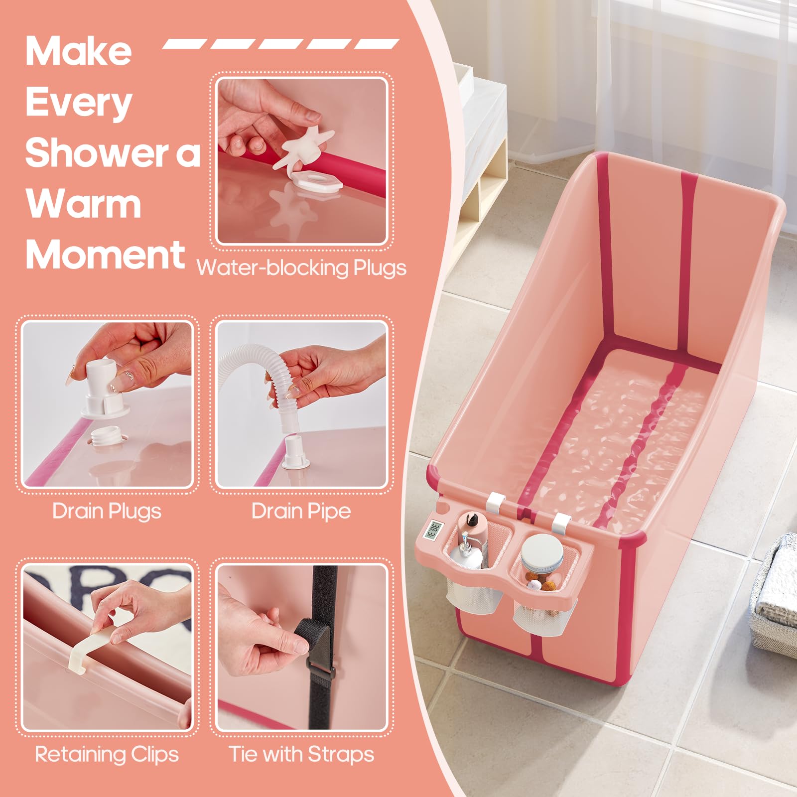 Joyingbaby bath tub with storage basket holds towels and toys.