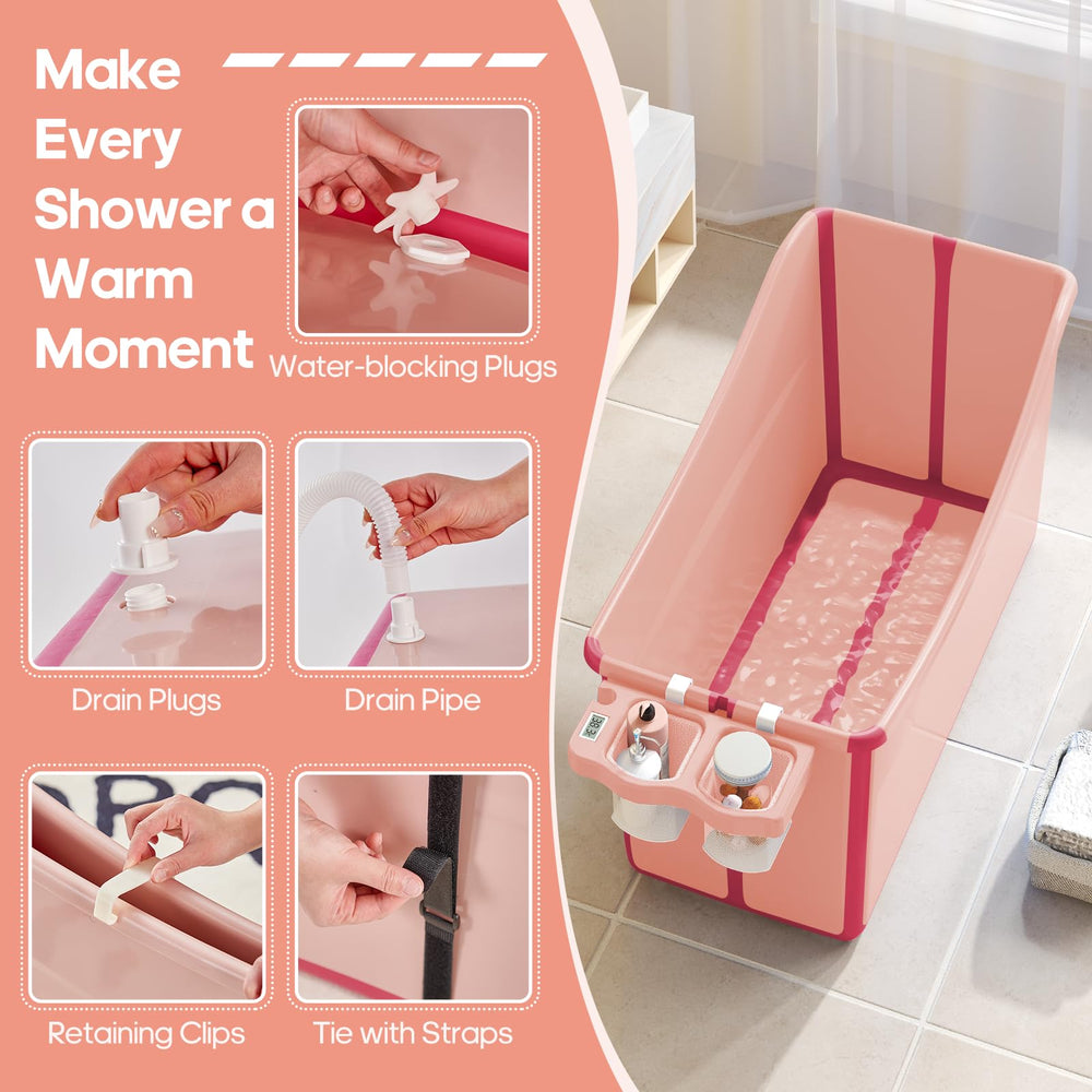 Joyingbaby bath tub with storage basket holds towels and toys.