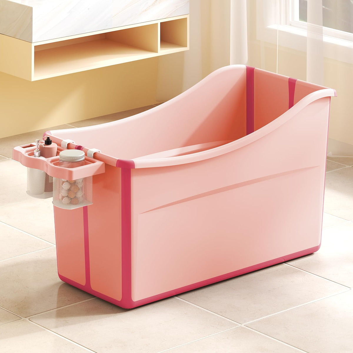 Joyingbaby foldable baby bathtub pink closed saves space for storage.