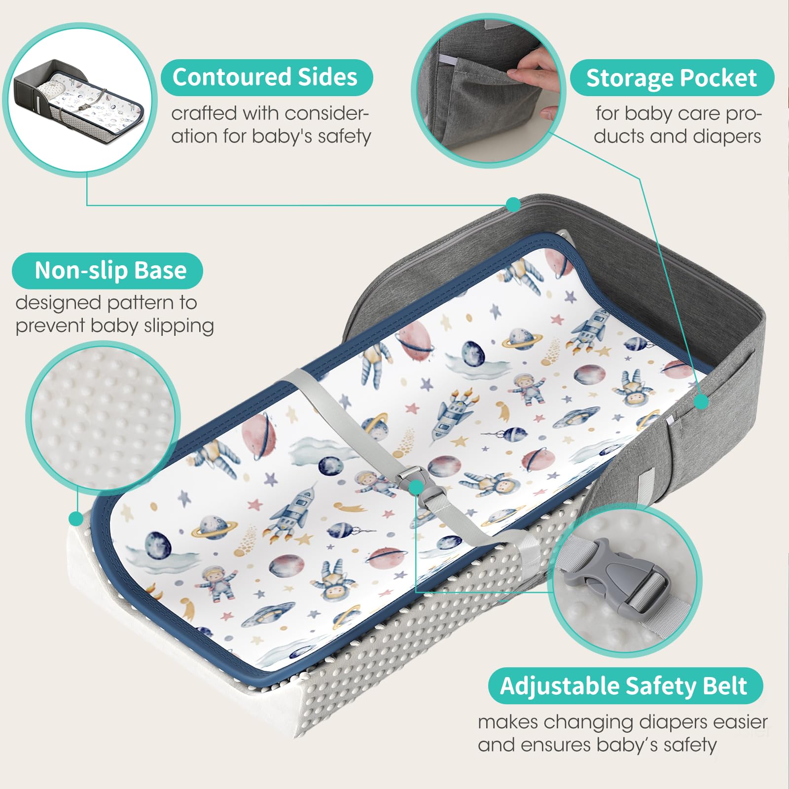 Joyingbaby headrest support keeps baby comfortable during changes.