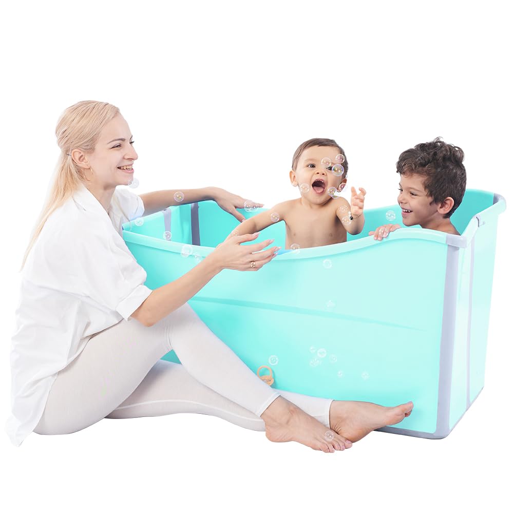 Joyingbaby large foldable bathtub folded for compact storage and easy stowaway.