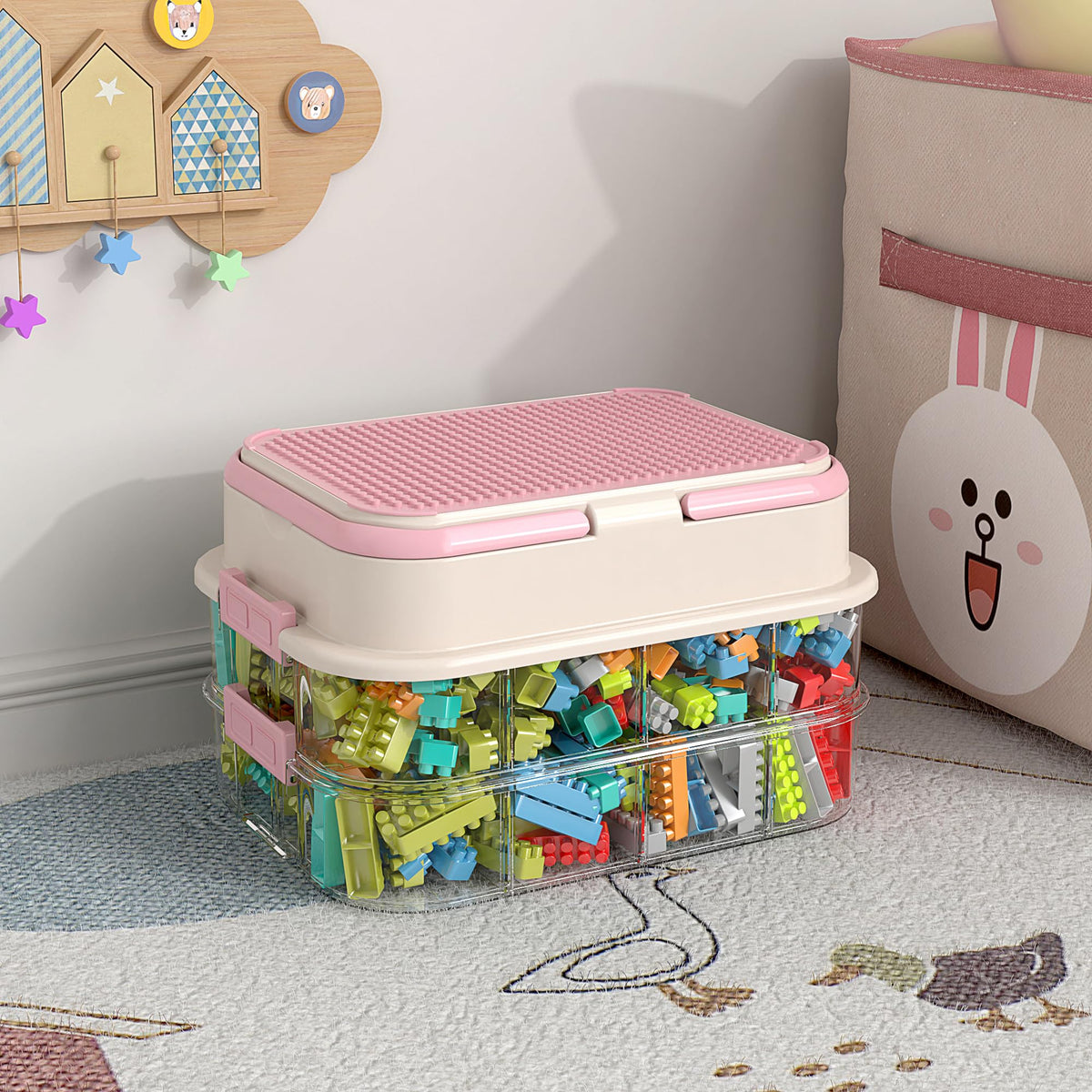 joyingbaby toy storage box with handle and built-in baseplate lid in pink for on-the-go play and tidy setup