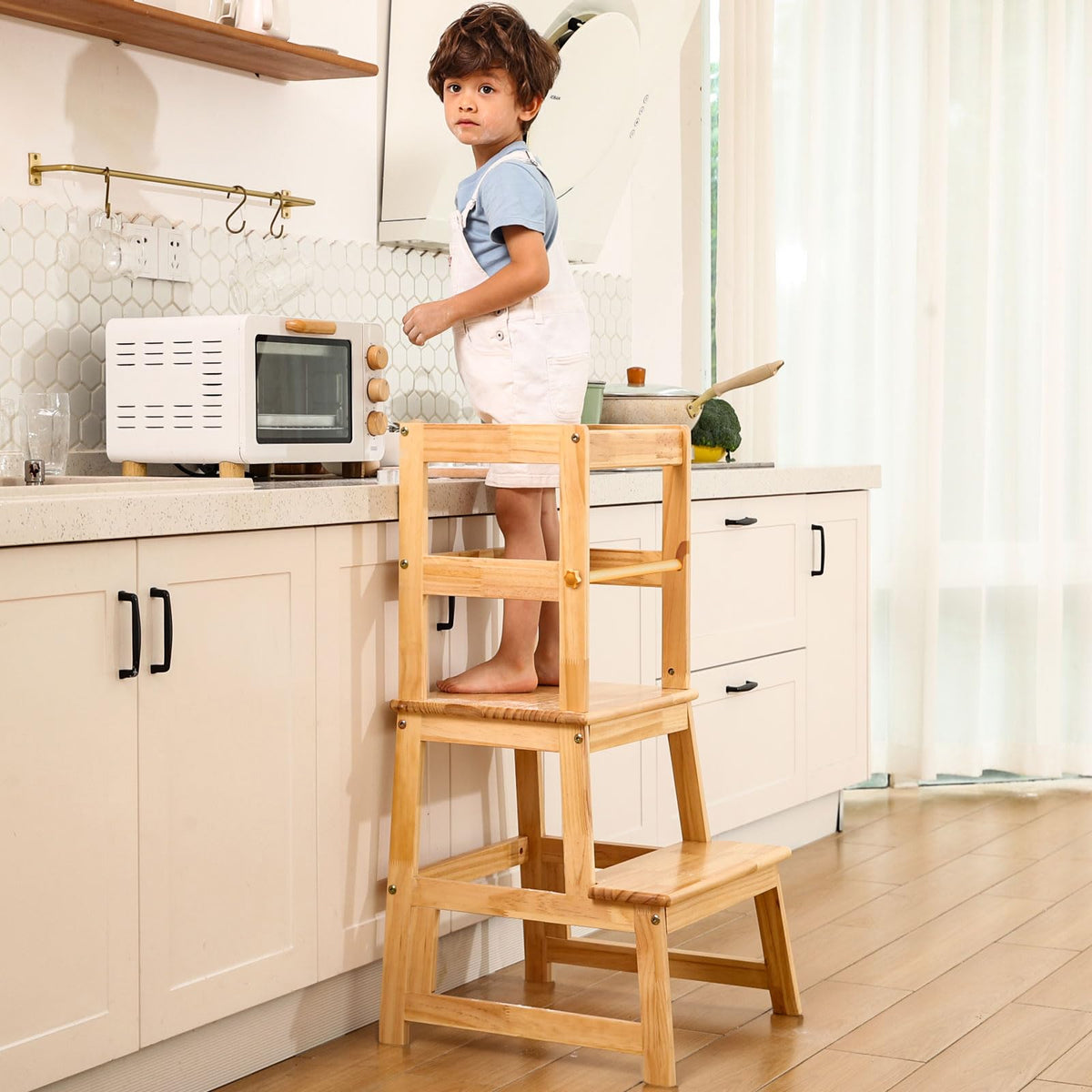 Joylico kitchen step stool natural front view shows sturdy wood for toddler reach