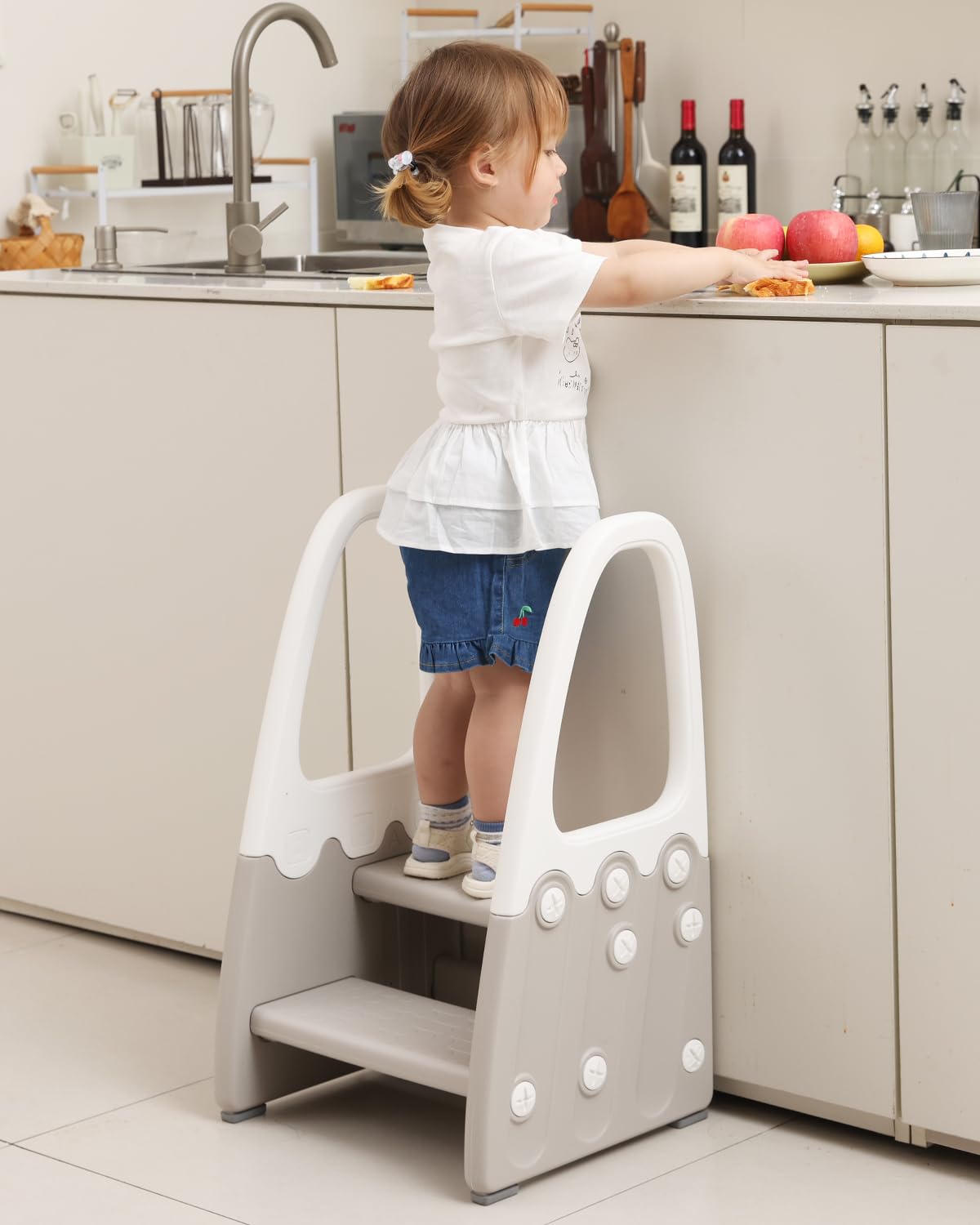 Joylico two-step stool with handrails in gray for stable toddler bathroom access.