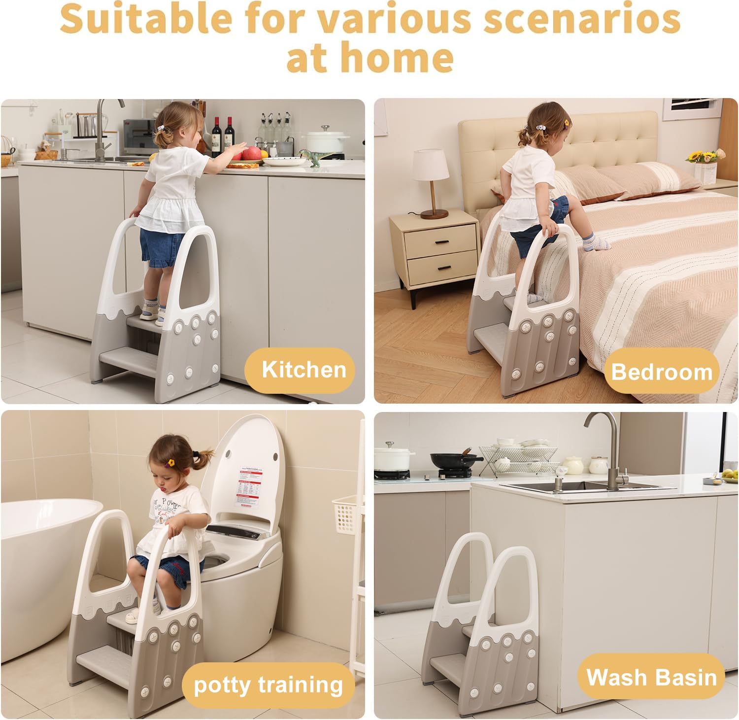Joylico two-step stool highlights non-slip pads for safe daily use.
