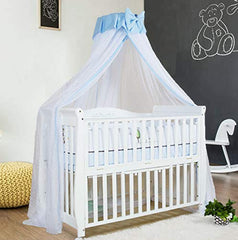 Joylife blue canopy shields baby’s eyes for calmer, more relaxed rest.