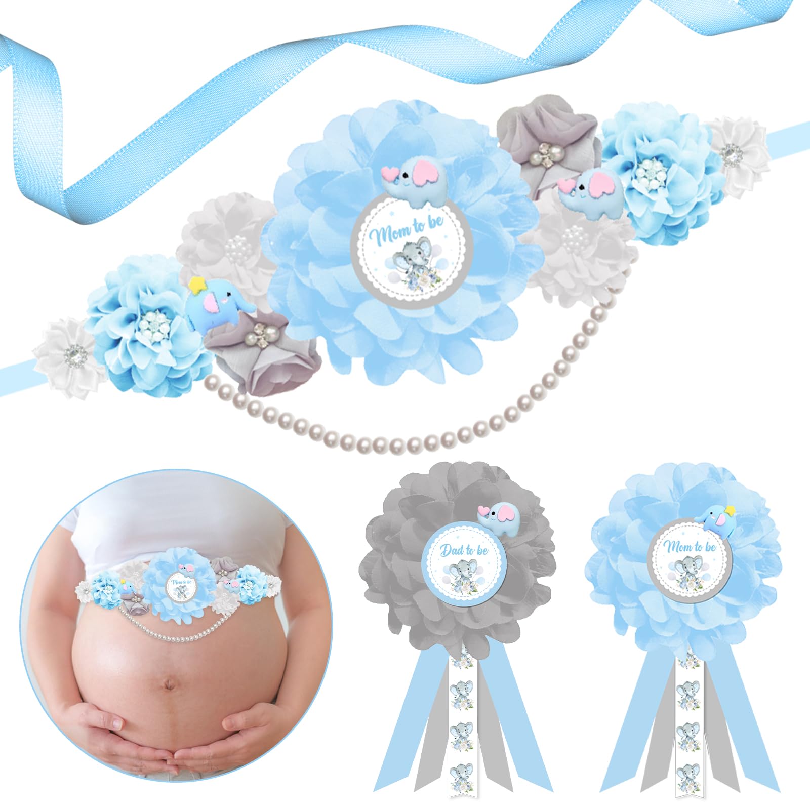 JOYMEMO blue elephant maternity sash with fabric flowers for festive baby shower photos