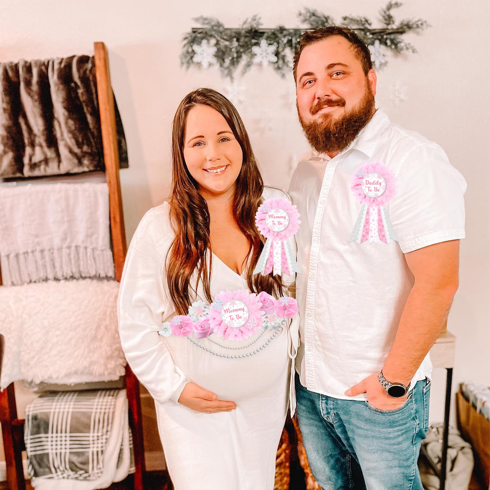 JOYMEMO dad-to-be corsage pin coordinates with sash for photo-ready celebration
