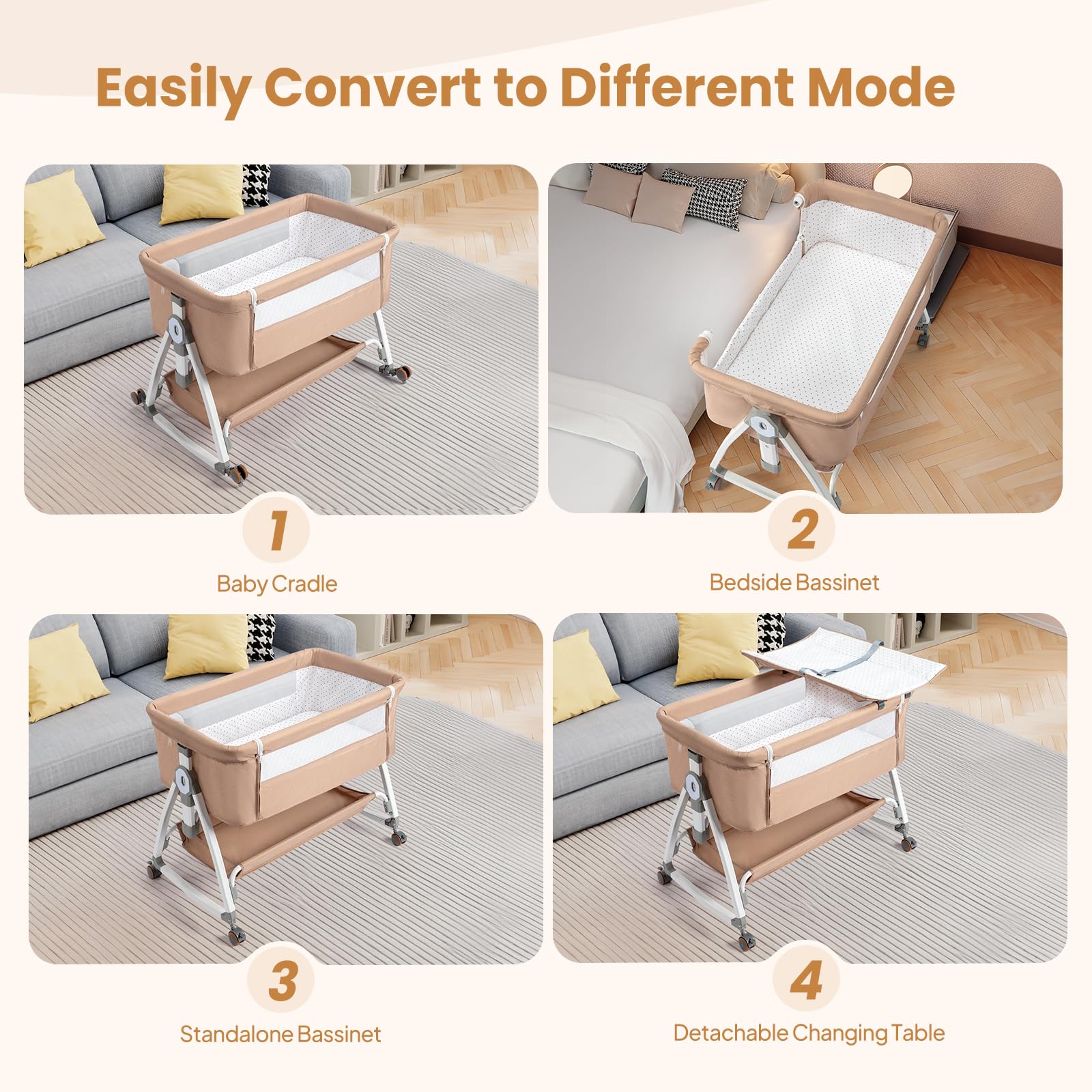 Joymor bedside-height adjustment shows six levels for bed compatibility.