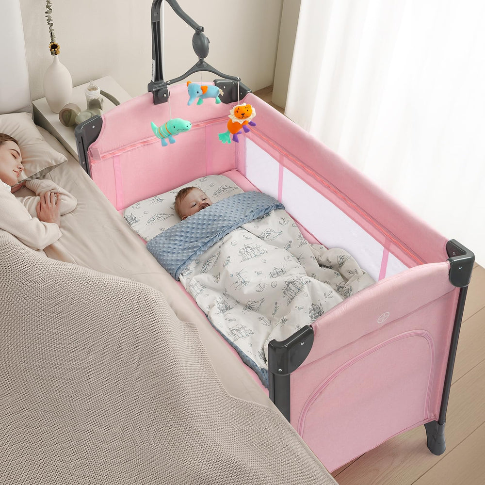 JOYMOR baby bedside bassinet folding design demonstrates easy setup for parents