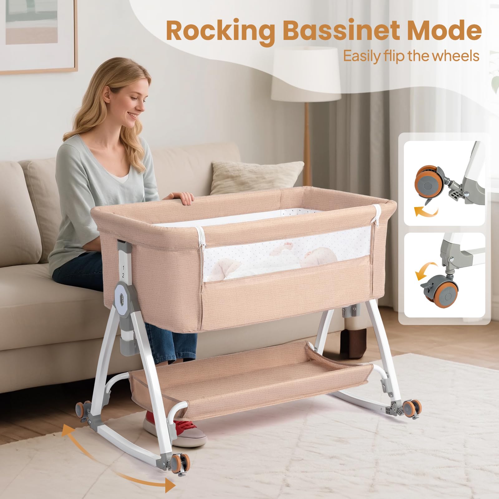 JOYMOR bassinet on wheels enables room-to-room mobility for quick checks.
