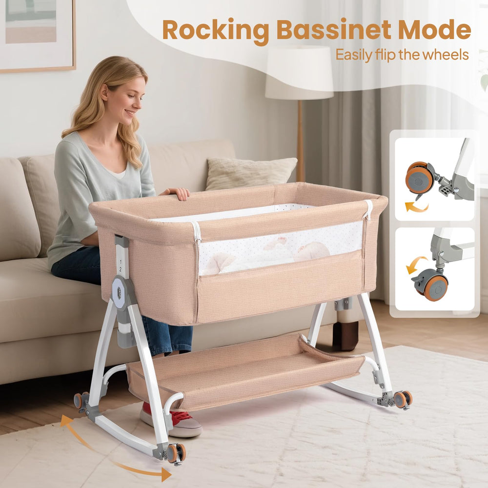 JOYMOR bassinet on wheels enables room-to-room mobility for quick checks.